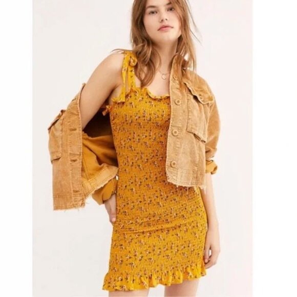 NEW Free People Bella Smocked Slip Tie Strap Bodycon Mini Dress XS Yellow Gold - Picture 3 of 12